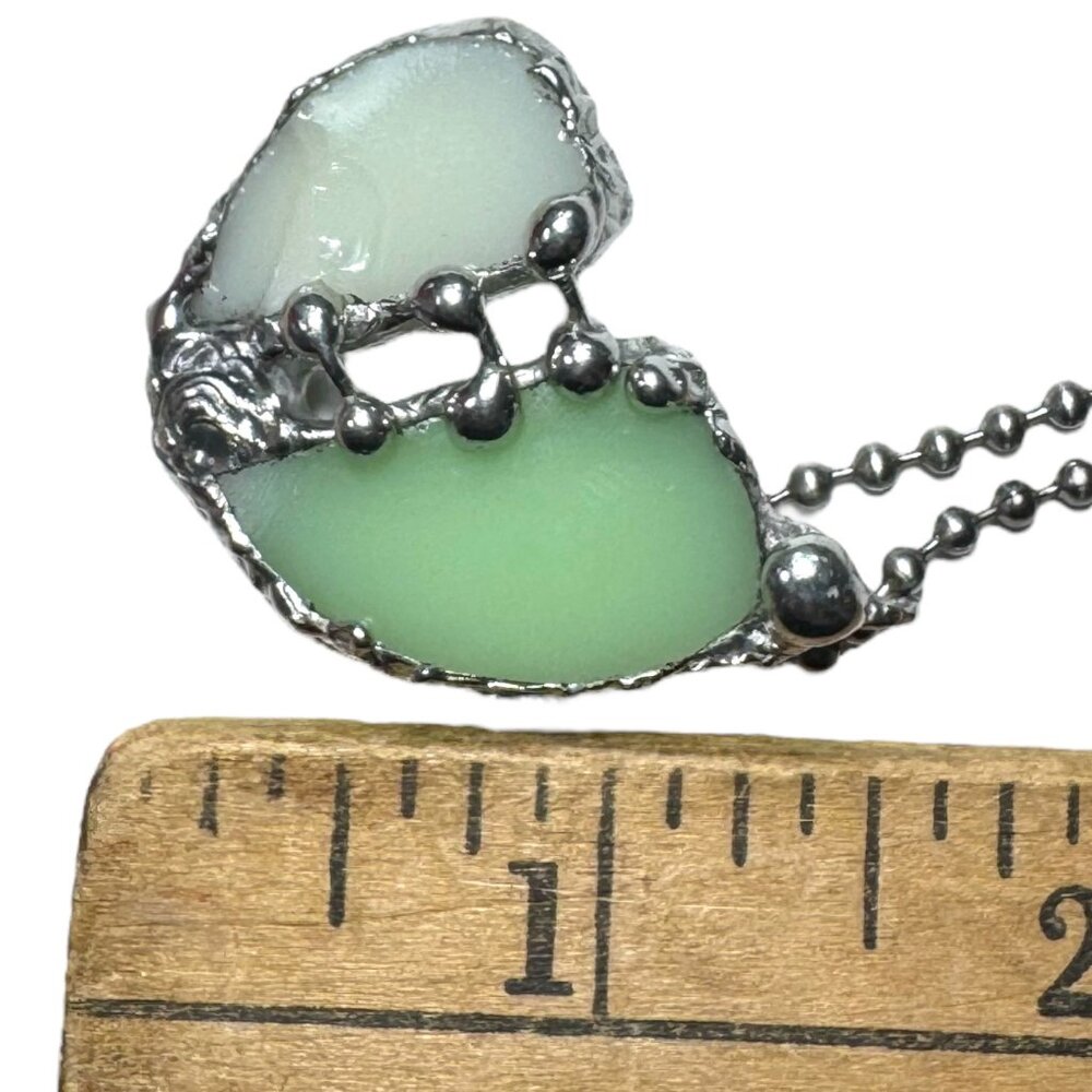 Vaseline Glass “Mended” Heart Pendant Bezel Artisan Crafted Glowing Glass - Picture 13 of 17